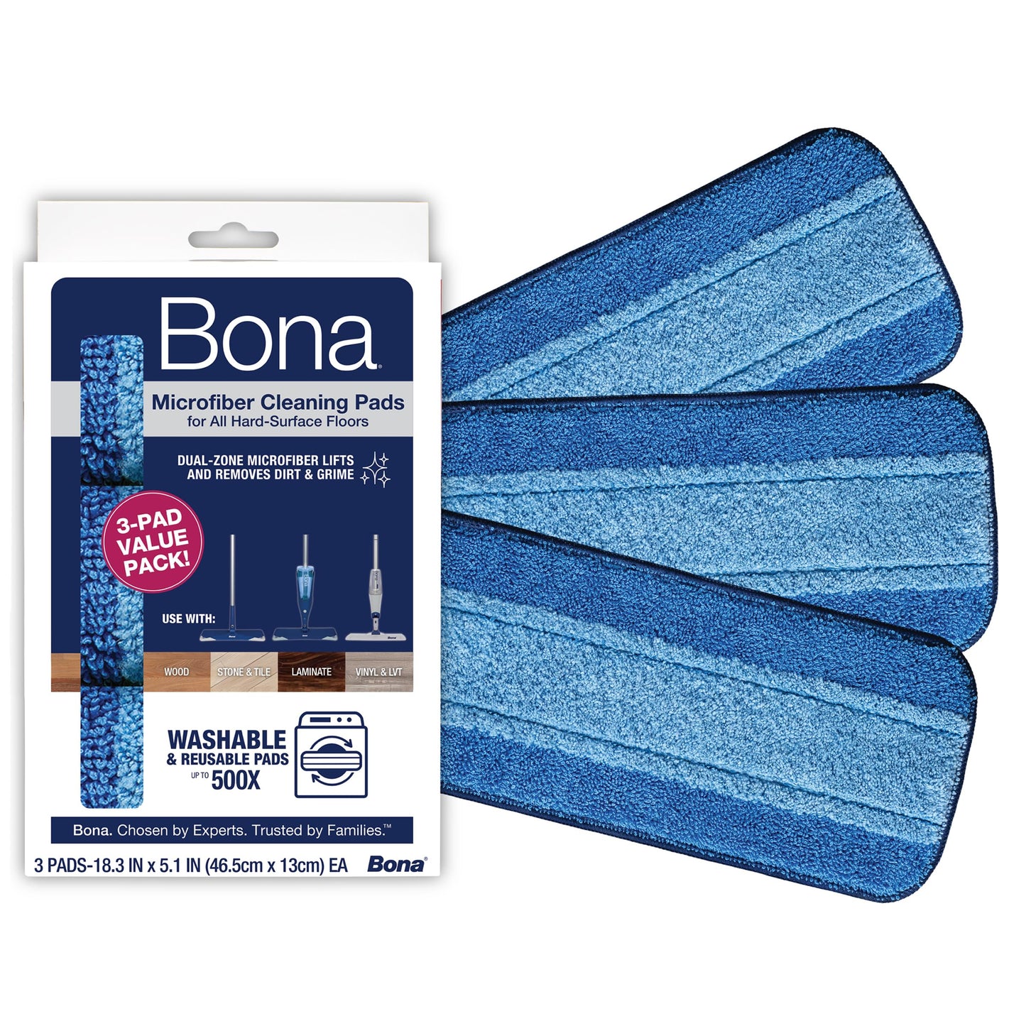 Bona Mop Microfiber Cleaning Pad for Hardwood & Hard Surface Floors - Value 3-Pack - For Use With Bona Mops - Dual Zone Cleaning