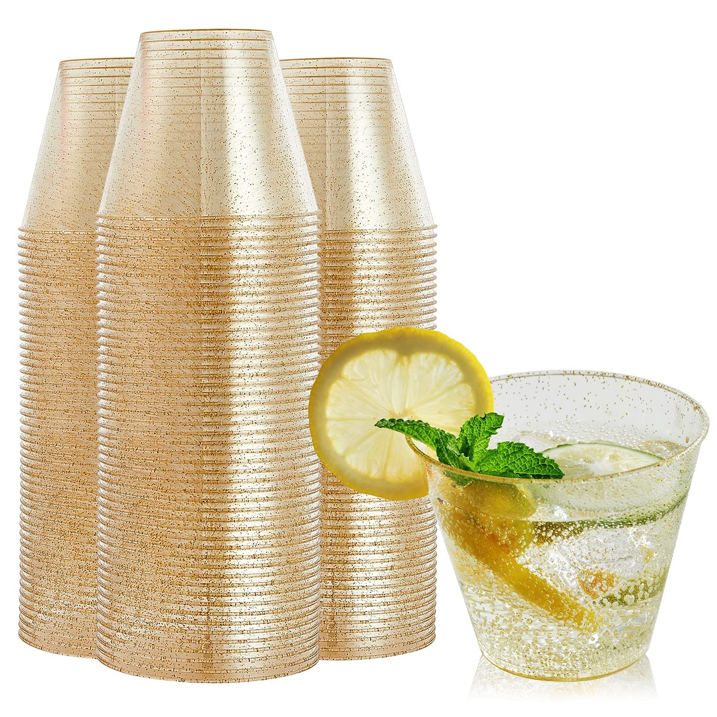 FOCUSLINE 9 oz Gold Plastic Cups, Disposable Clear Fancy Hard Plastic Cups, Gold Glitter, Heavy Duty, Reusable,100 Count
