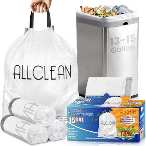 Trash Bags 15 Gallon Tall Kitchen Drawstring Garbage Bags