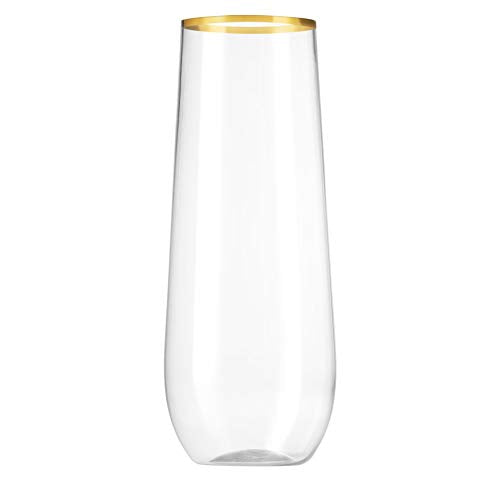 Munfix 48 Pack Stemless Plastic Champagne Flutes Disposable 9 Oz Gold Rim Clear Plastic Toasting Glasses Shatterproof Recyclable and BPA-Free