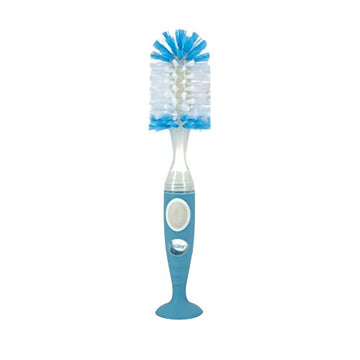 Nuby Easy Clean Dispensing Soft and Durable Bristle Bottle Brush with Textured Handles and Suction Base, 2 in 1 System, Blue