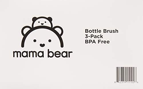 Brand - Mama Bear Baby Bottle Brush with Nipple Cleaner and Suction Cup Stand, White (Pack of 3)