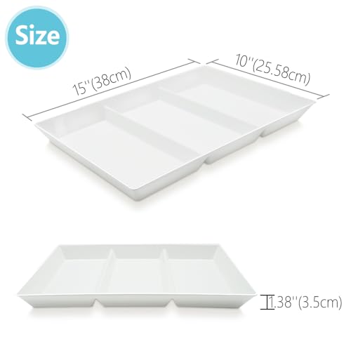 Divided Serving Tray Platter, 4 Pack 15" x 10" Fruit Veggie Food Tray for Party, Plastic Serving Trays for Appetizer, Snack, Dessert, Cookie, Brunch Decorations Platters, White Trays BPA-Free