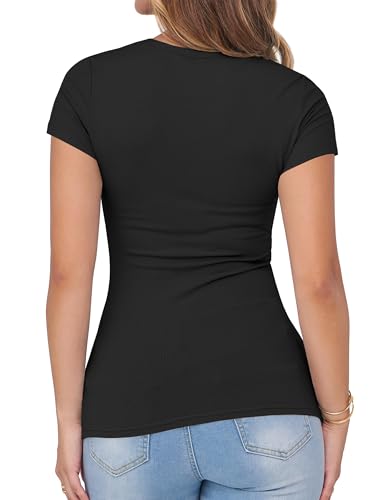Albe Rita Women Short Sleeve T-Shirt Cap V Neck Shirts for Women Ribbed Casual Top Knit Slim Fit for Summer