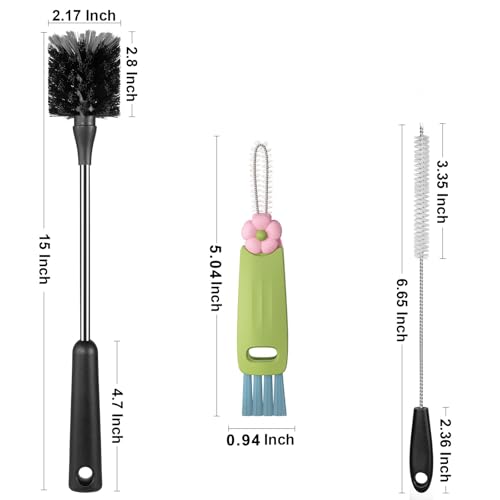 [4 Pack] Bottle Brush, 15 Inches Stainless Steel Long Handle Baby Bottle Scrub Cleaning Brushes with Straw & Lid Brushes for Sports Water Bottle, Cups, Coffee Mugs, Glasswares