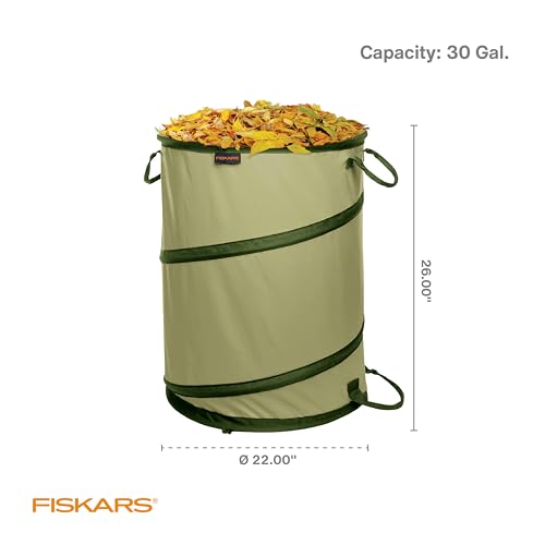 Fiskars Kangaroo Collapsible Spring Up Garden Bag for Yard Waste, Grass, Branches & Weeds, Tear & Mildew Resistant Vinyl-Coated Polyester, Folds Flat to 3 Inches for Space-Saving Storage, 30 Gallon