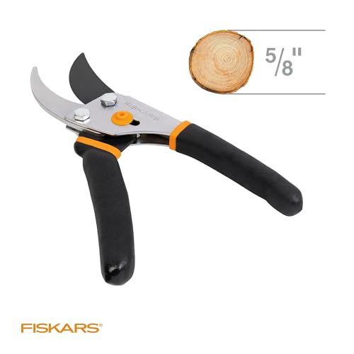 Fiskars Bypass Pruning Shears, 5/8" Cut Capacity Gardening Scissors, Self-Cleaning Sap Groove Prevents Sticking, Non-Slip Grip for Cutting Stems & Branches, Sharp Steel Blades w/ Low-Friction Coating