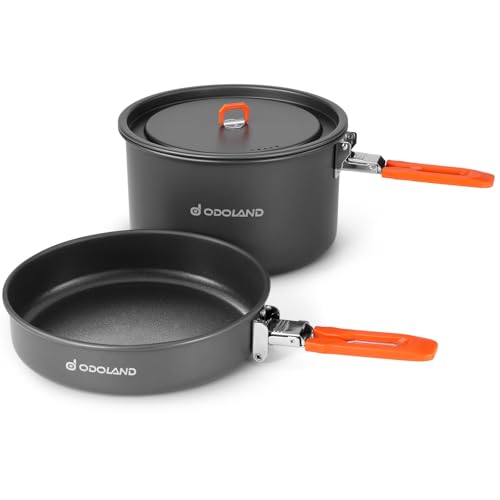 Odoland Camping Cookware Mess Kit, Non-Stick Lightweight Camping Pot and Fry Pan Set with Mesh Bag for Backpacking, Outdoor Cooking and Picnic