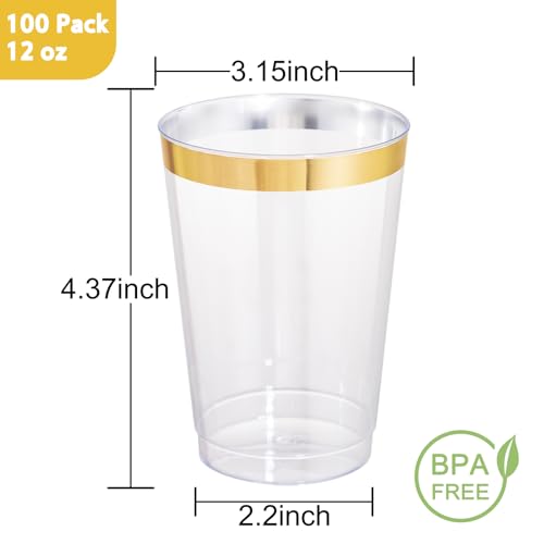 I00000 100 Pack 12 oz Gold Plastic Cups, Gold Rimmed Disposable Cups, Disposable Wine Glasses Cocktail Glasses Premium Cup with Golden Rim, 12 Ounce Plastic Tumblers for Party & Wedding