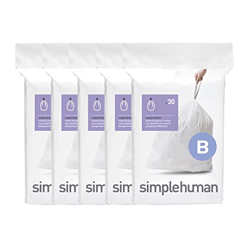 simplehuman Code B 150 Count Custom Fit Liners, Drawstring Kitchen Trash Bags, One-by-One Mess-Free Dispense, Extra Thick & Double Seamed, 50% PCR Plastic, 6 Liter / 1.6 Gallon, White