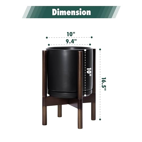 D'vine Dev Ceramic Planter with Walnut Color Stand - 10 Inch Modern Round Flower Pot with Wood Planter Holder, Black, 55-B-X-2