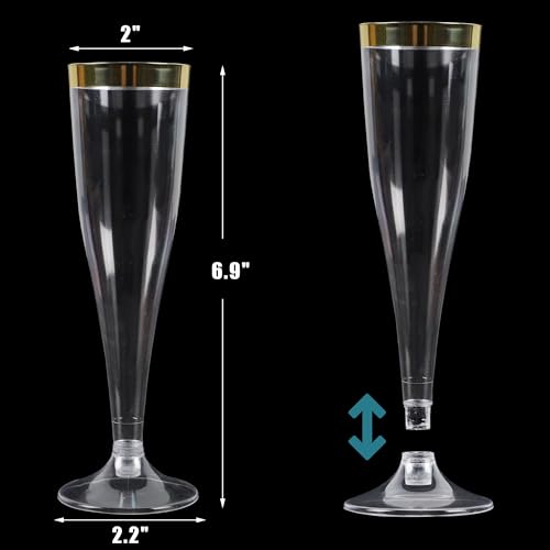 Zcaukya 100 Plastic Champagne Flutes, 4.5oz Clear Disposable Hard Stemware Cups with Golden Rim, Plastic Champagne Glasses for Wedding, Graduation Party, Bridal Shower, Birthday Party
