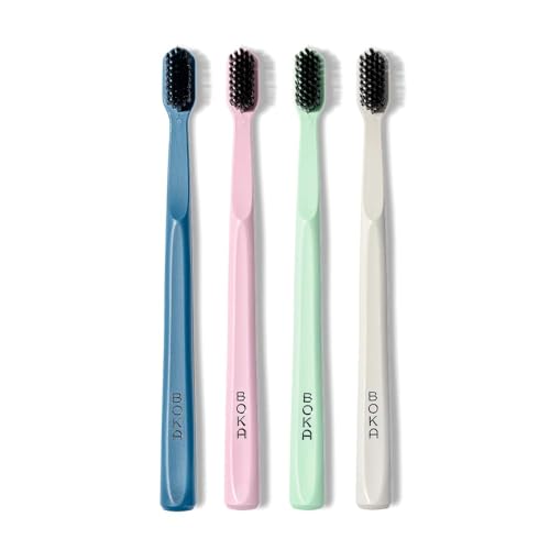 Boka Classic Manual Toothbrush with Extra Soft Activated-Charcoal, Tapered Bristles, Bioplastic Handle that Includes Travel Cap, Dentist-Approved, Great for Adults and Kids, Multi Color (Pack of 4)
