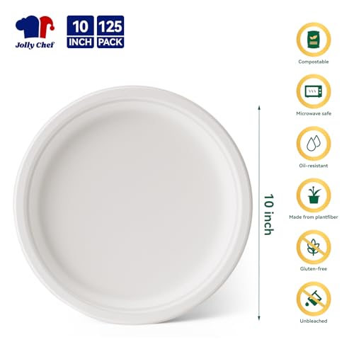 JOLLY CHEF Compostable Heavy Duty Plates 𝟭𝟬 𝗜𝗻𝗰𝗵 [𝟭𝟮𝟱 𝗣𝗮𝗰𝗸] Eco-Friendly Disposable White Paper Plates Made of Bagasse Biodegradable for Party Dinner Sugarcane Fibers Thanksgiving Day