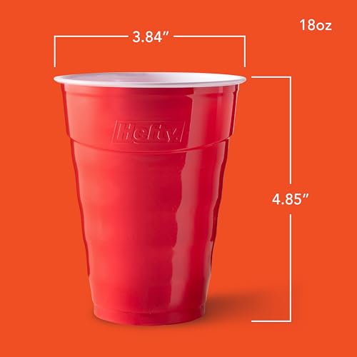 Hefty Party On Disposable Plastic Party Cups, 50 Count, 18 Oz Red Cups for Parties, Tailgates, Birthdays, Holidays, and More, Contoured Shape for Easy Gripping, Strong and Durable