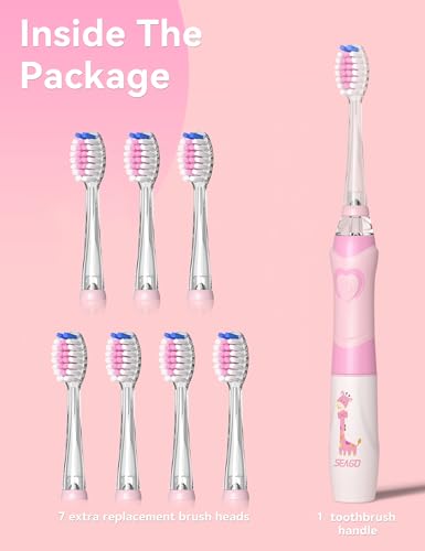 SEAGO Kids Electric Toothbrush with 2 Mins Brushing Timer and 8 Replacement Brush Heads,Rainbow LED Light Makes Brushing Fun, Battery Powered Toothbrush for Boys & Girls 3-6-8 Years Old,Pink