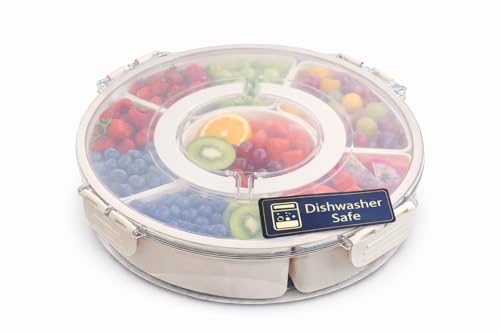 Divided Serving Tray with Lid - Snack Tray - Snack Box - Portable Snackle Box Organizer for Fruit, Salad, Chips & Dip - Lazy Susan Platter with Handle for Parties, Road Trips, Kids & Charcuterie