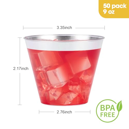 Goodluck 50PCS 9oz Plastic Cups for Party, Disposable Silver Plastic Cups, Cocktail Glasses for Wedding Thanksgiving, Christmas
