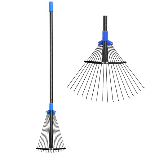 Adjustable Metal Leaf Rake Long Handle, Garden Rakes for Lawns Heavy Duty Leaves with Expandable Head 8-17", Yard Women Kids Rake for Gardening RV Camping