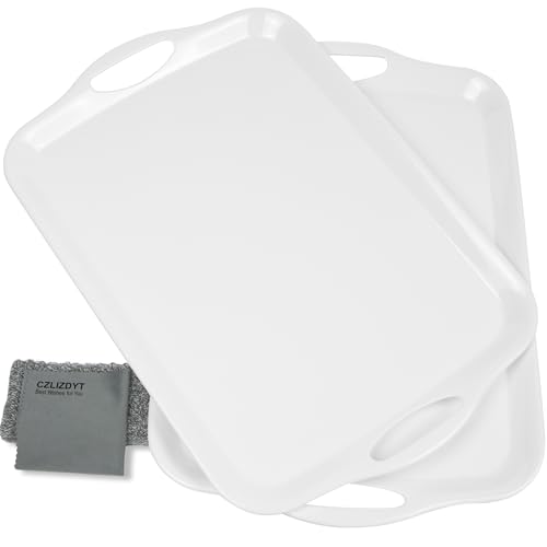 Czlizdyt Large Melamine Serving Tray with Handles, 17.5 x 12 in Rectangular Melamine Serving Platter, Dishwasher Safe Trays for Eating, Appetizer, Charcuterie, Snack, Fruit, Desserts, Set of 2, White