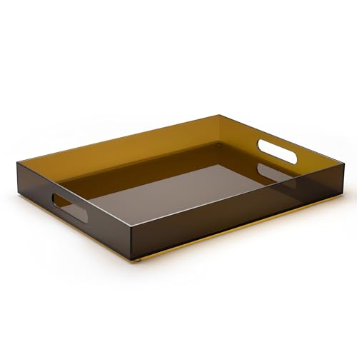 ATZYmolin 16"x12" Large Acrylic Serving Tray Decorative Ottoman Coffee Table Vanity Tray Tea Fruit Platter Snack Appetizer Dessert Drink with Handles for Bar Kitchen Party, Amber