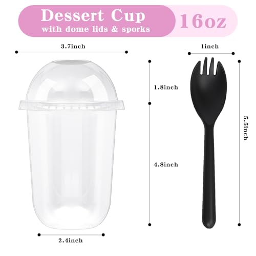 Kosotody 50 Pack 16oz Clear Plastic Parfait Cups with Dome Lids (No Hole) and Sporks Disposable Fruit Cups for Dessert,Yogurt,Pudding,Snacks,Fruits,Bakeries,Ice Cream