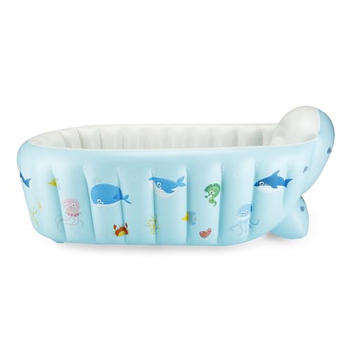 PandaEar Baby Inflatable Bathtub, Portable Travel Baby Infant Bath Tub Toddler Bathtub with Air Pump, Foldable Non-Slip Shower Basin Mini Air Swimming Pool for Newborn (Whale Blue)