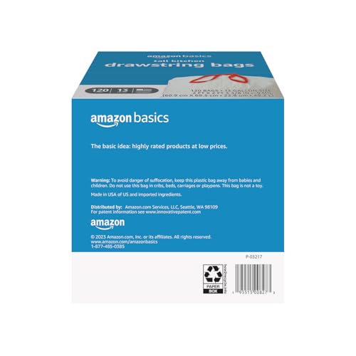 Basics Tall Kitchen Drawstring Trash Bags, Sturdy and Tear Resistant, 13 Gallon, Unscented, 120 Count