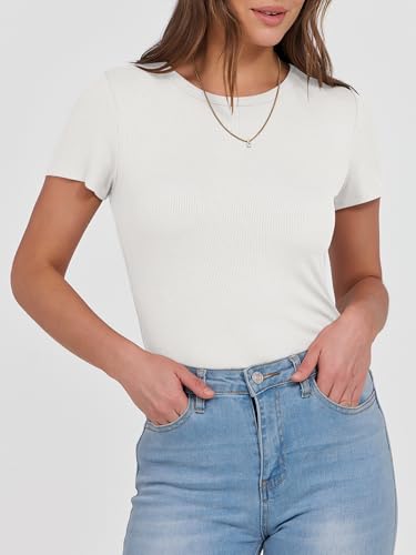 ANRABESS Women Short Sleeve Crewneck Ribbed Knit Slim Fitted Shirts Summer Tops Basic Tee Casual 2026 Spring Outfits Clothes