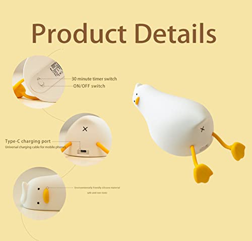 HAPPYBAG LED Lying Flat Duck Night Light, 3 Level Dimmable Nursery Nightlight,Cute Lamps Silicone Squishy Light Up Duck,Rechargeable Bedside Touch