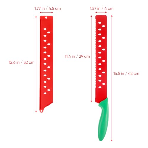 Watermelon Knife with Sleeve for Melon Cutting, Long Serrated Bread Lettuce Vegetable Knife, Kitchen Fruit Melon Tomato Cutter Slicer, with Cover for Home Summer Party Camping Outdoor (Red Green)