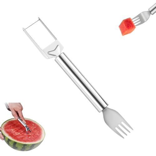 2-in-1 Stainless Steel Fruit Cutter, Watermelon Fork Slicer Tool, Dual Head Watermelon Slicer and Fork for Fruit Cubes, Kitchen Fruit Cutting Tool (1Pack, A)