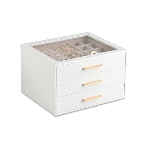 Frebeauty Clear Lid Jewelry Box,3-Layer Jewelry Organizer with Drawer,PU Leather Jewelry Organizers and Storage,Jewelry Boxes for Women,Jewelry Storage for Rings Earring Stud,Gift for Women(White)