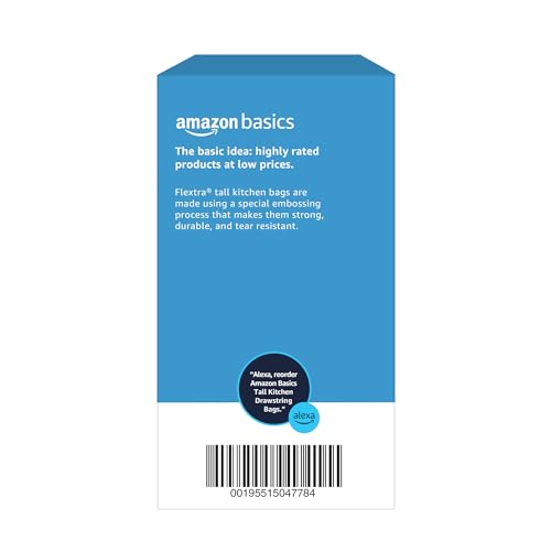 Basics 13 Gallon Tall Kitchen Drawstring Trash Bags, Flextra Strength, Clean Fresh Scent, Tear Resistant, 10% Post-Consumer Recycled Content, 50 Count