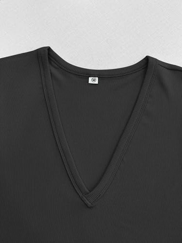 Albe Rita Women Short Sleeve T-Shirt Cap V Neck Shirts for Women Ribbed Casual Top Knit Slim Fit for Summer