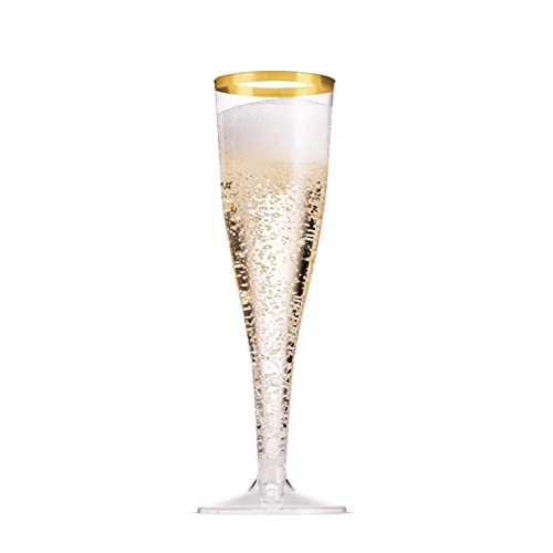 Munfix 100 Pack Gold Plastic Champagne Flutes, 5 Oz Clear Plastic Toasting Glasses Fancy Disposable Wedding Party Cocktail Cups with Gold Rim