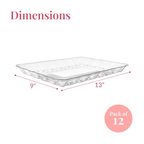 Prestee 12-Pack Serving Tray - 9x13 Inches Disposable Rectangular Plastic Food Tray for Parties and Events - Clear Platters for Dessert Table Displays, Appetizers, Snacks, and More