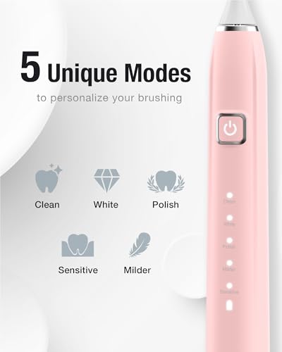 7AM2M Sonic Electric Toothbrush with 6 Brush Heads for Adults&Kids, One Charge for 120 Days, Wireless Fast Charge, 5 Modes, 40000VPM Powered Toothbrush, 2 Minutes Built in Smart Timer-Pink