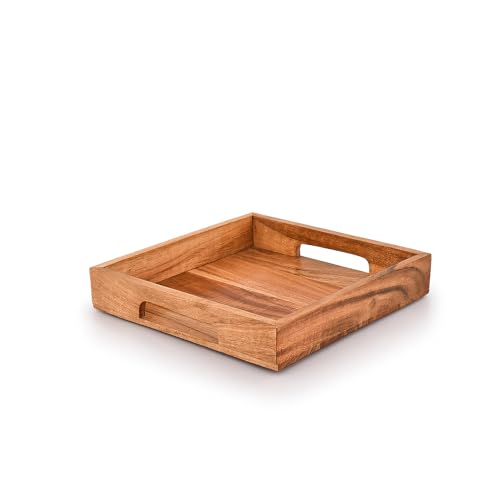 Samhita Acacia Wood Serving Tray with Handles,Wooden Serving Tray, Snack Tray, Breakfast Tray, Great for, Breakfast, Coffee |Size- 10" x 10" x 1.75"