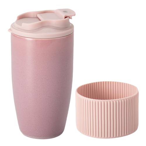 Ceramic Travel Coffee Mug with Polypropylene Lid and Insulated Sleeve, 16 oz, Portable Coffee Cup for Car Cup Holder, Transmutation Glaze Microwave and Dishwasher Safe(Pinkish Purple)