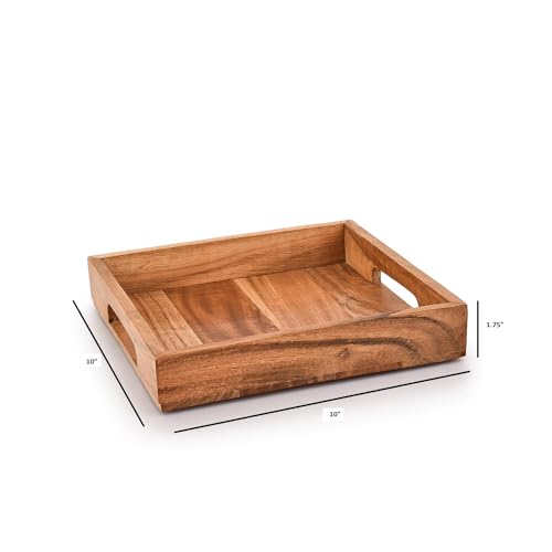 Samhita Acacia Wood Serving Tray with Handles,Wooden Serving Tray, Snack Tray, Breakfast Tray, Great for, Breakfast, Coffee |Size- 10" x 10" x 1.75"