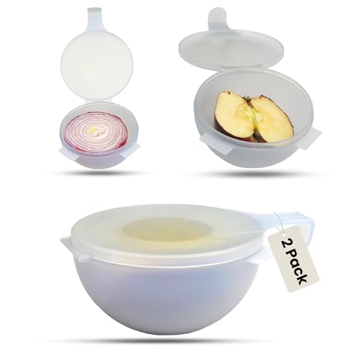 Iconikal 2-Pack Fruit Veggie Food Savers Storage Containers 4.25-Inch Bowl Produce Keeper BPA Free Dishwasher Safe Cut Onion Tomato Apple Holder Vegetables