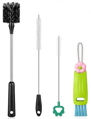 [4 Pack] Bottle Brush, 15 Inches Stainless Steel Long Handle Baby Bottle Scrub Cleaning Brushes with Straw & Lid Brushes for Sports Water Bottle, Cups, Coffee Mugs, Glasswares