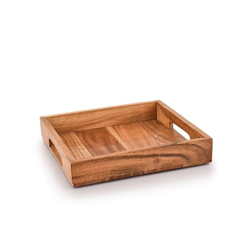 Samhita Acacia Wood Serving Tray with Handles,Wooden Serving Tray, Snack Tray, Breakfast Tray, Great for, Breakfast, Coffee |Size- 10" x 10" x 1.75"