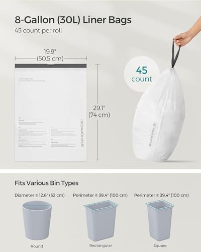 SONGMICS Trash Bags, Drawstring Kitchen Garbage Bags, Pre-Separated, Box-Free Pack, for 8-Gallon (30 L) Trash Cans, Liner Code 30A, 2 Rolls, 90 Count, White UKRB30A02