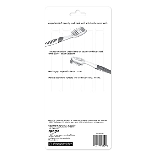 Basics Clean Plus Soft Bristle Toothbrushes with Angled End-Tuft, Cheek and Tongue Cleaner, Full Size, 10 Count, 1 Pack (Previously Solimo)
