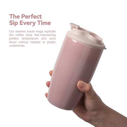Ceramic Travel Coffee Mug with Polypropylene Lid and Insulated Sleeve, 16 oz, Portable Coffee Cup for Car Cup Holder, Transmutation Glaze Microwave and Dishwasher Safe(Pinkish Purple)