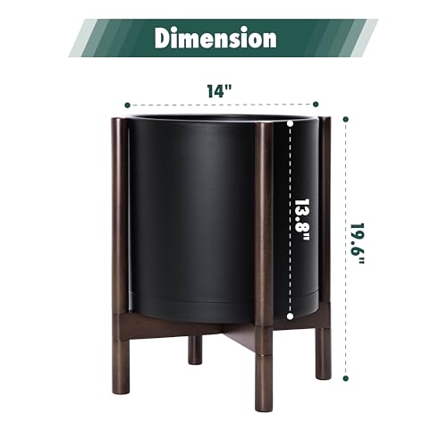D'vine Dev Planter Pot with Stand - 14 Inch Plastic Cylinder Flower Pot with Wood Planter Holder for Indoor, Matte Black Pot + Walnut Color Stand
