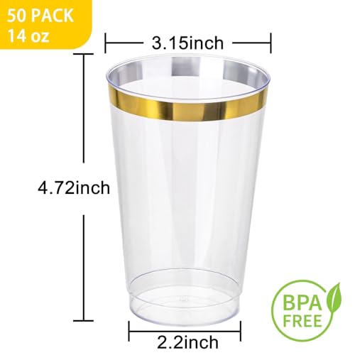 I00000 50 Pack 14 oz Gold Plastic Cups, Gold Disposable Cups Tumblers, Disposable Plastic Wine Glasses Cocktail Glasses Perfect for Wedding & Parties