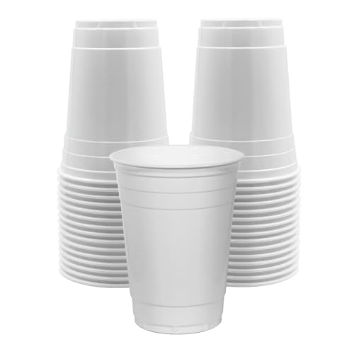 PAMI White Plastic Party Cups [Pack of 30] - 16oz Disposable Drinking Glasses- For Iced Tea, Smoothies, Punch, Beer, Cocktails - Beerpong Cups
